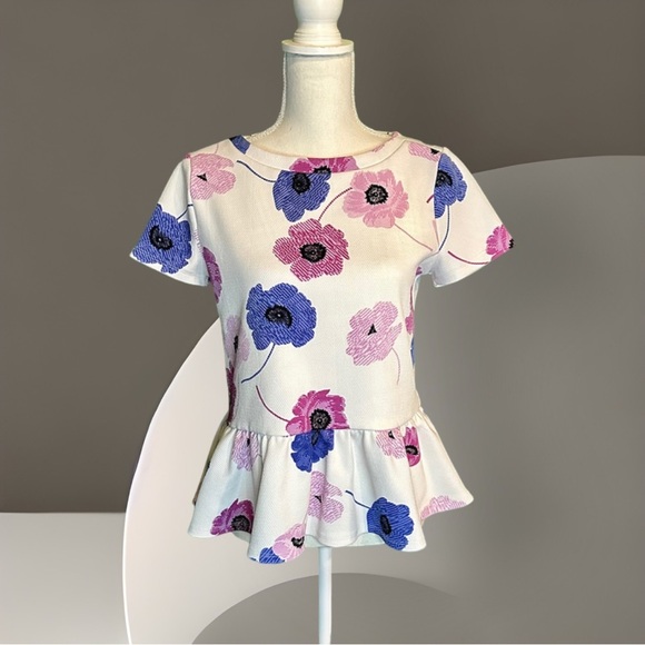 Elle Tops - Elle White Purple / Blue Floral Jacquard Short Sleeve Peplum Blouse Size Small
